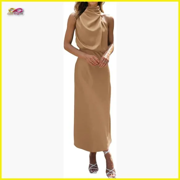 Satin Silk Mock Neck Maxi Dress Elegant Formal Wedding Guest Evening Wear - Picture 1 of 7